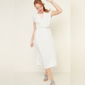 Waist-Defined Striped V-Neck Midi Dress Women's Off-White & Blue Stripe Tall Sm